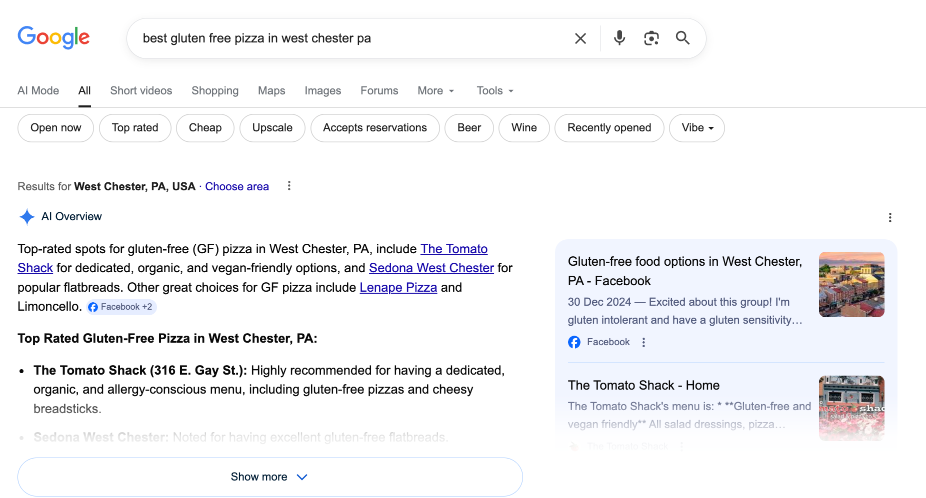 Restaurant appearing in Google AI Overview